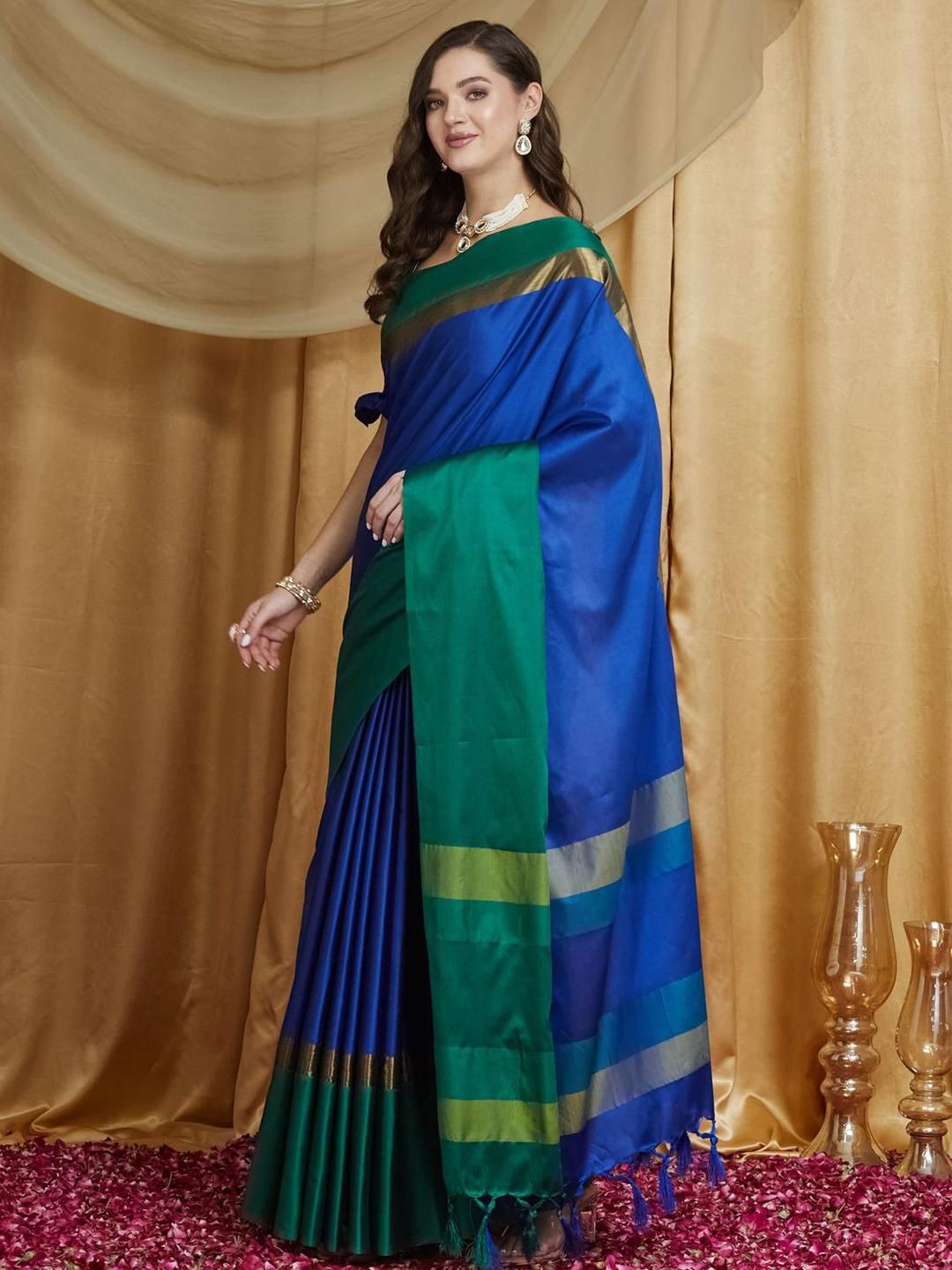 KAVINDI Women Ethnic Banarasi Silk Cotton Saree with Rich Border & Blouse Piece