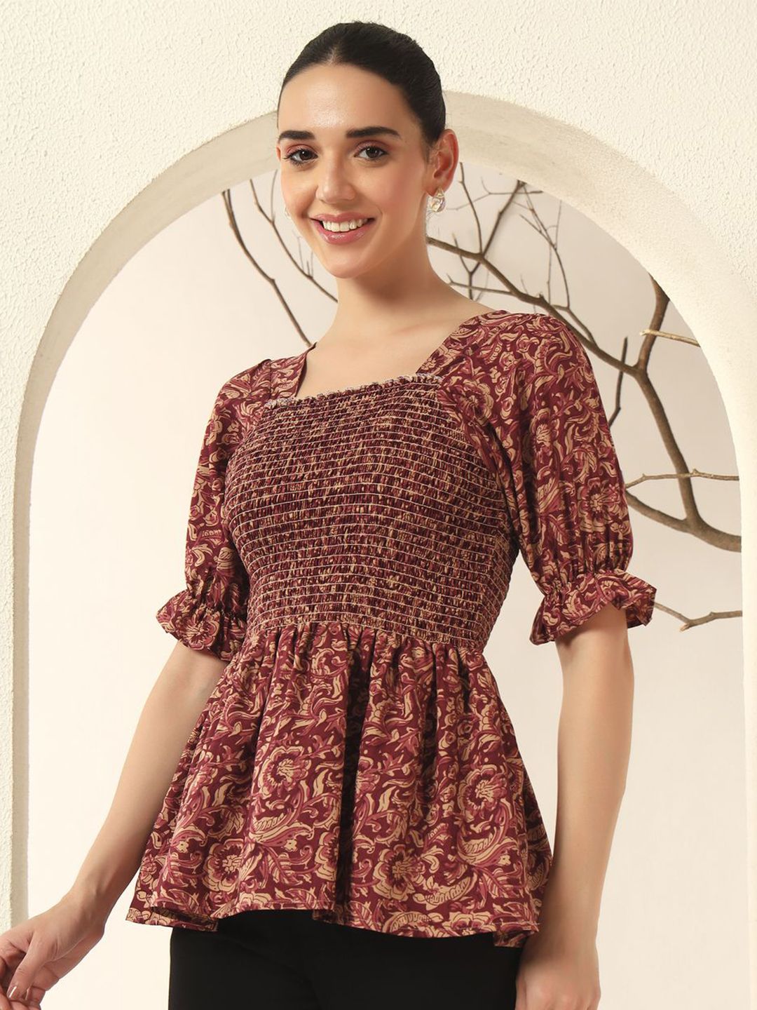 OTABU Women Ethnic Motifs Printed Puff Sleeve Smocked Peplum Regular Top