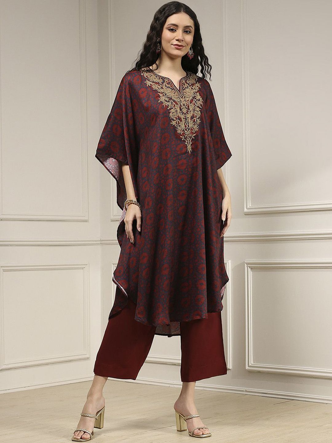 Biba Women Floral Embroidered Satin Kaftan Kurta with Palazzos