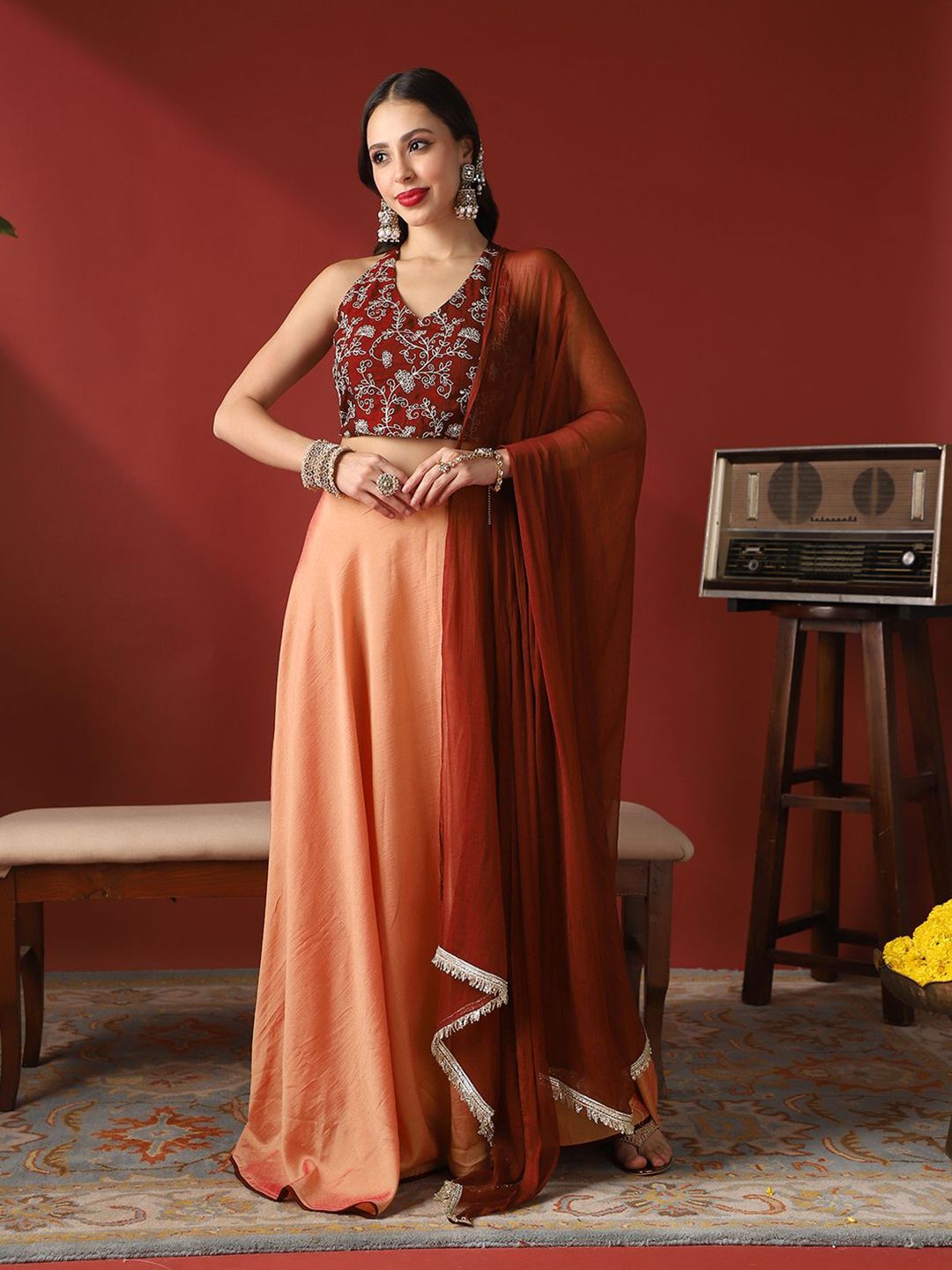 Globus Maroon & Peach Coloured Embroidered Ready to Wear Lehenga & Blouse With Dupatta