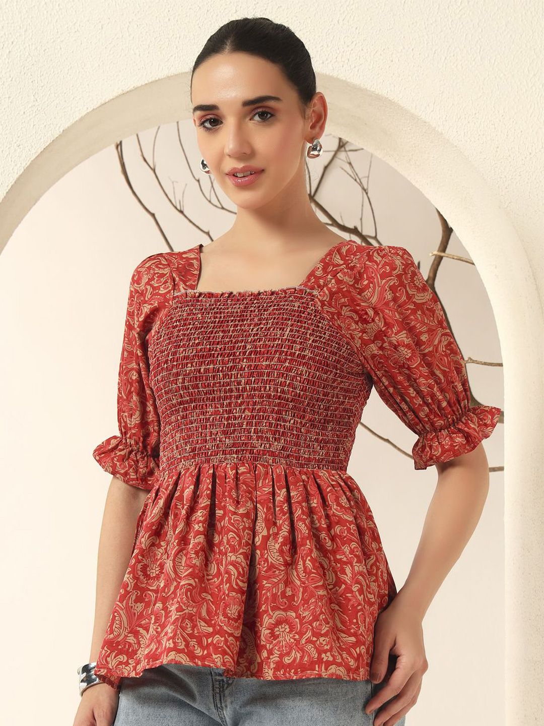 OTABU Women Ethnic Printed Puff Sleeve Smocked Peplum Top