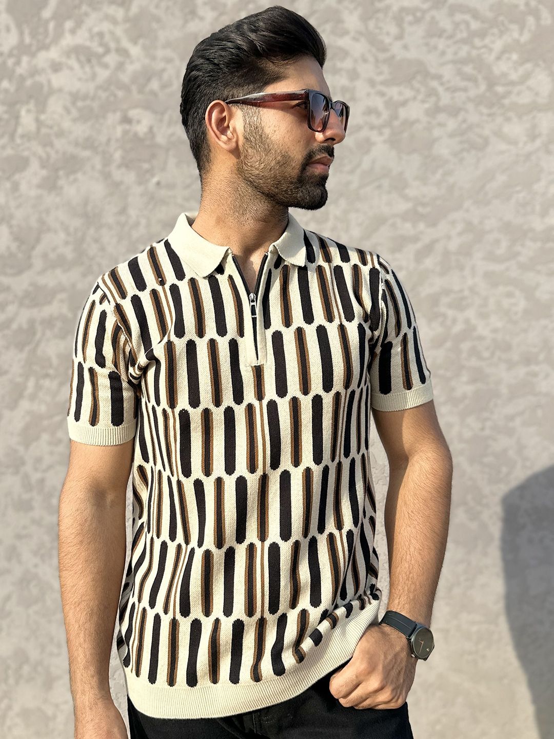 Raimbera Geometric Printed Polo Collar Cotton T-shirt
