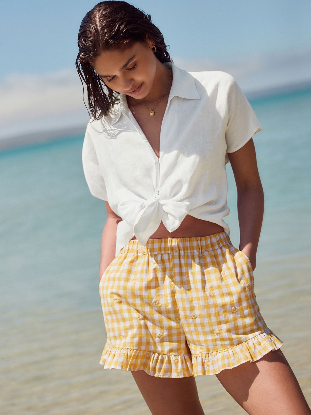NEXT Women Knotted Pure Linen Casual Crop Shirt