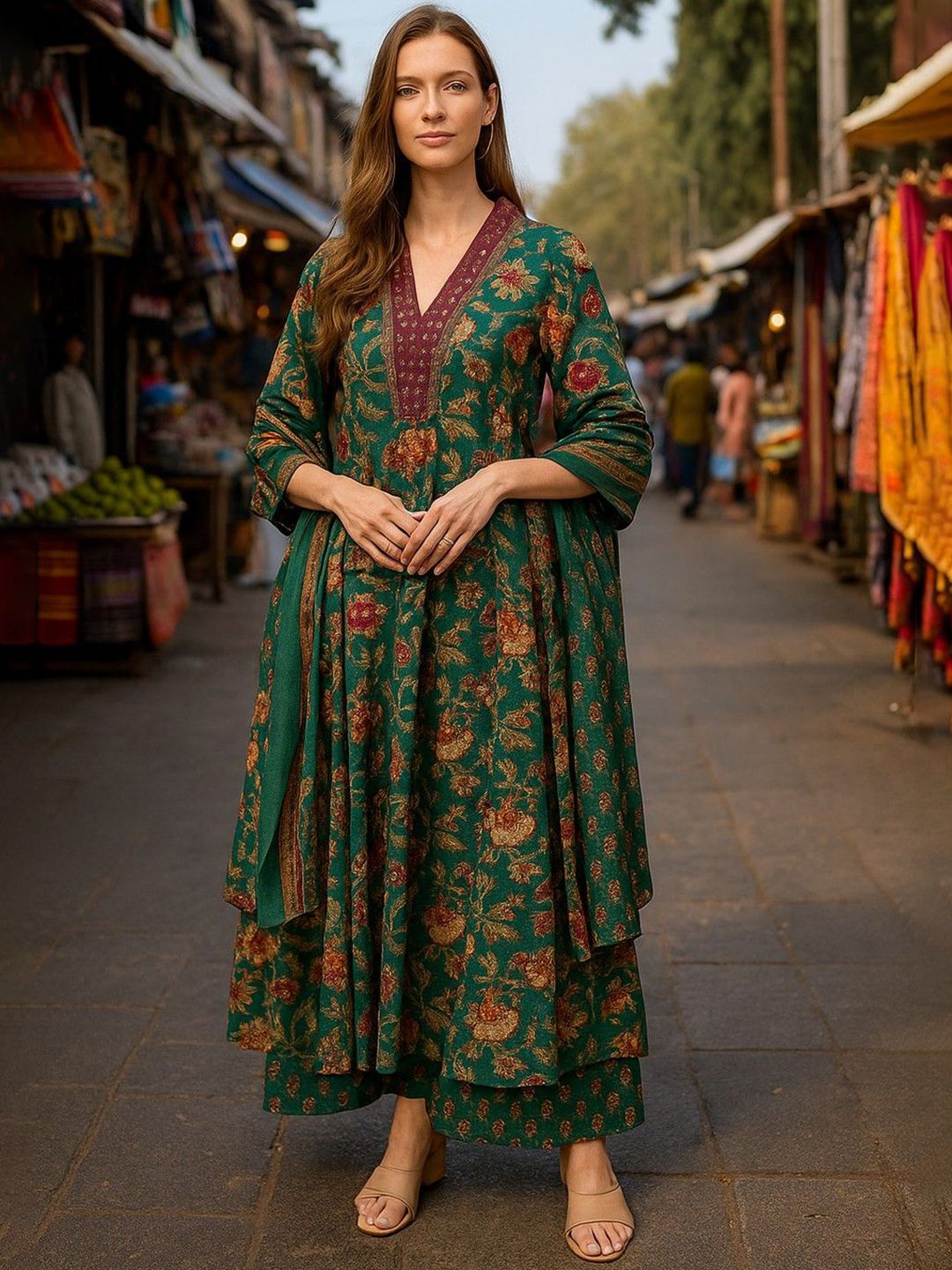 Lookmark Women Floral Print Anarkali Kurta with Trouser & Dupatta