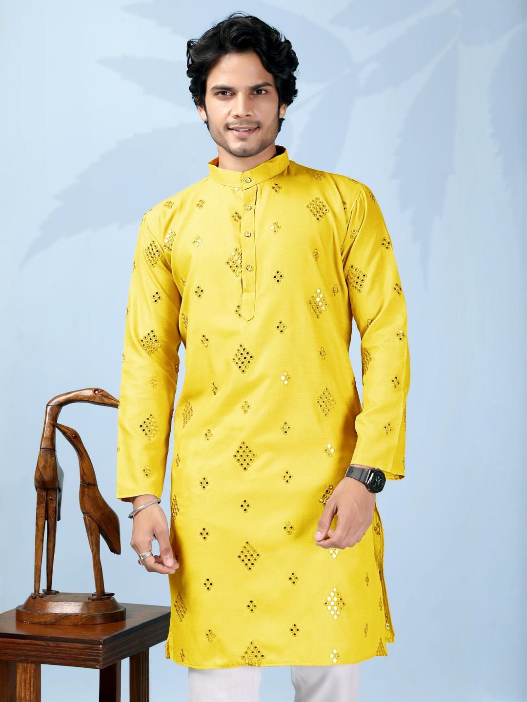 ORIFAB Men Mandarin Collar Cotton Side Slits Long Sleeves Kurta