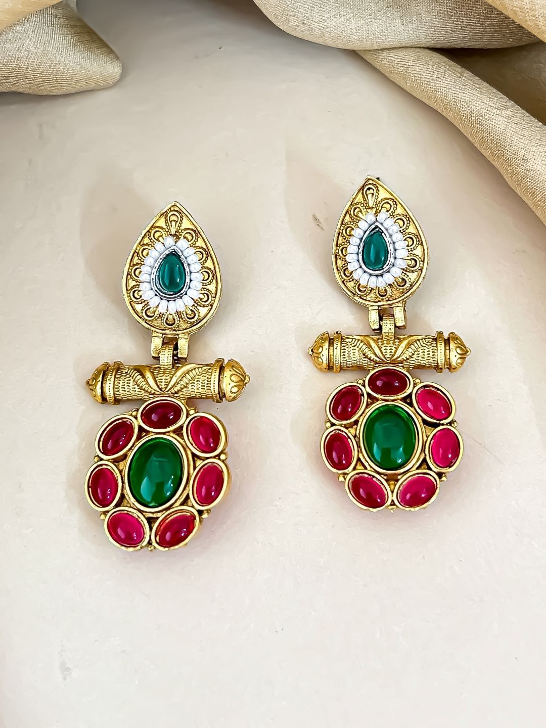 Zeviel Gold-Plated Artificial Stones Studded Teardrop Shaped Drop Earrings
