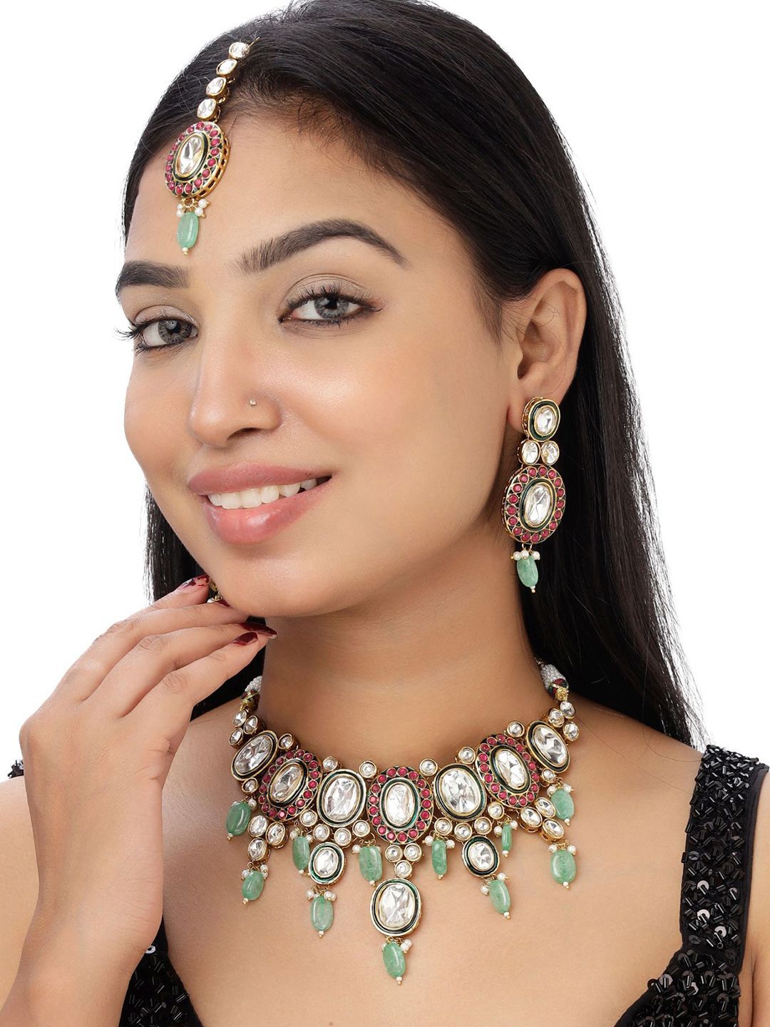 VELVET IMPERIAL Gold-Plated Kundan Studded & Artificial Beaded Jewellery Set