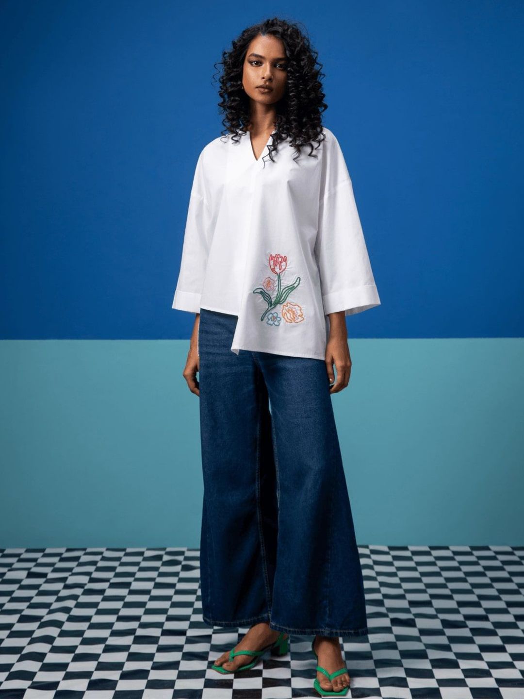 Stylefables Floral Embroidered High-Low Regular Fit Shirt