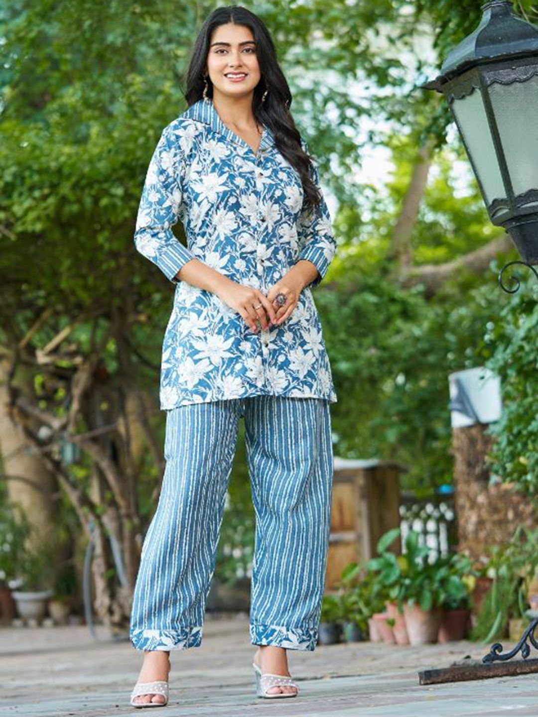 GRISHU COLLECTION Floral Printed V-Neck Pure Cotton Shirt With Trousers