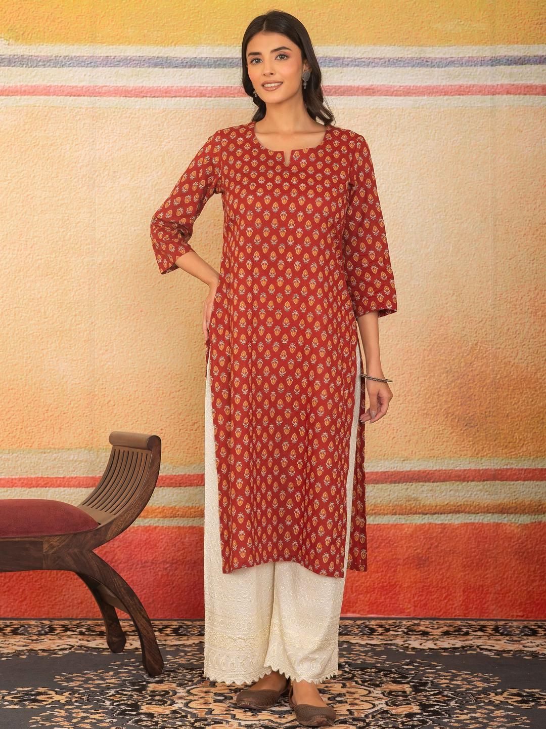 LABEL ADRIJA Women Pure Cotton Block Print Straight Three-fourth Sleeves Kurtas