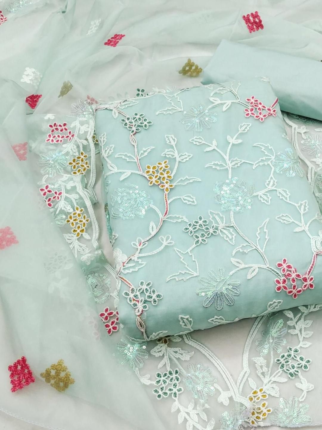 KALINI Women Sea Green Embroidered Floral Dress Material