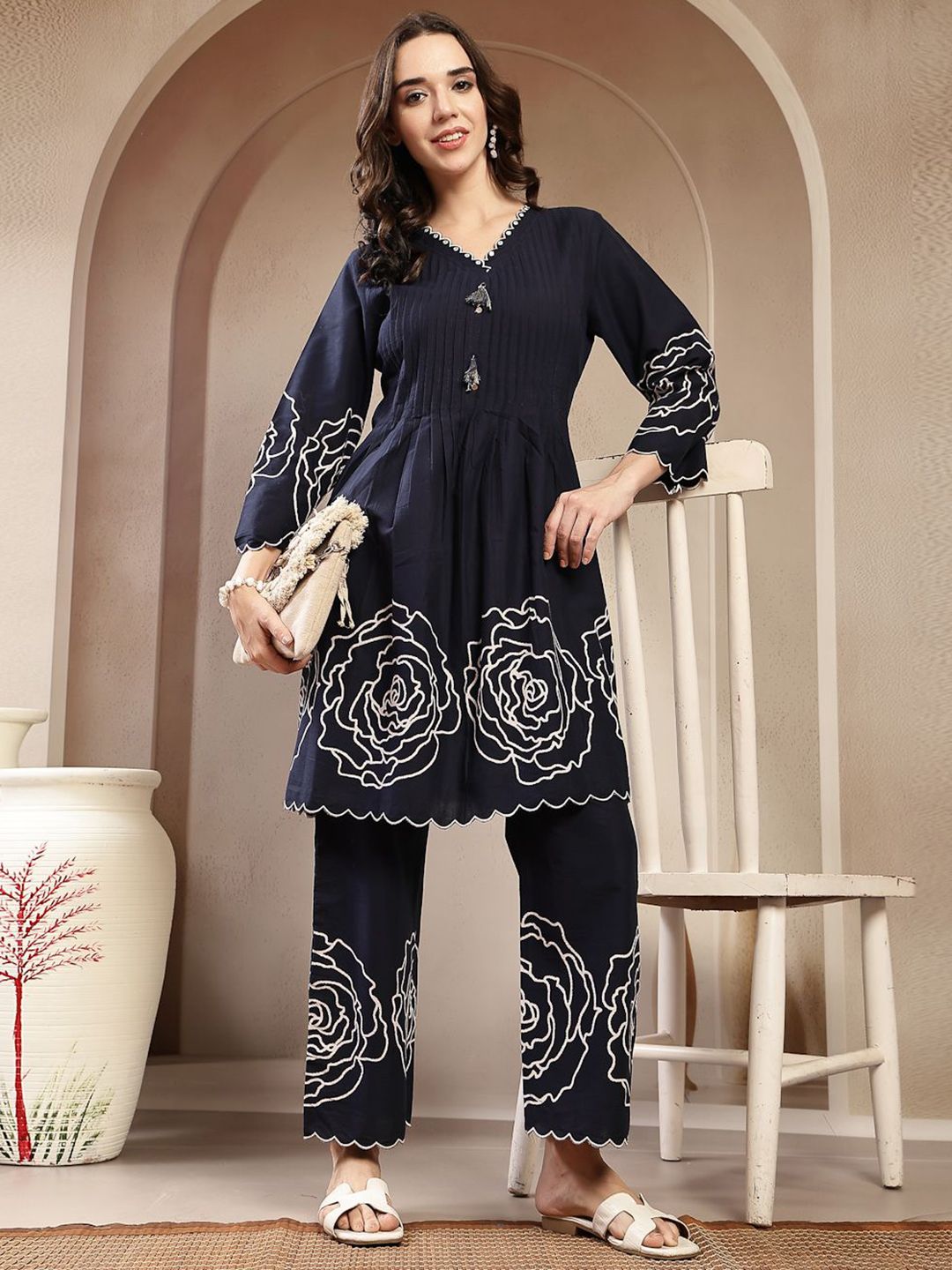 Stylum Embroidered Pure Cotton V Neck Tunic With Trousers