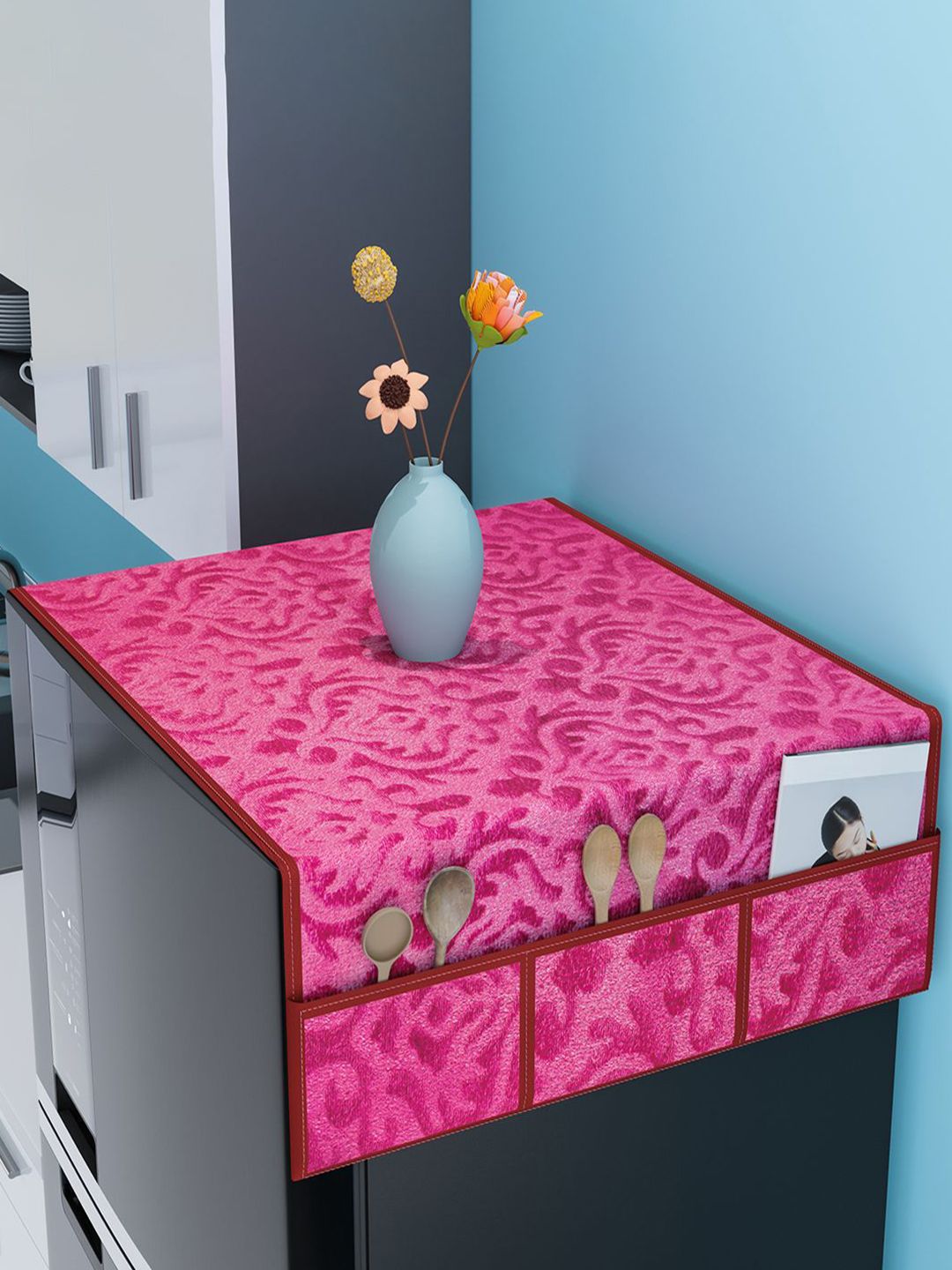 Kuber Industries Pink Printed 6 Utility Pockets Waterproof Refrigerator Cover