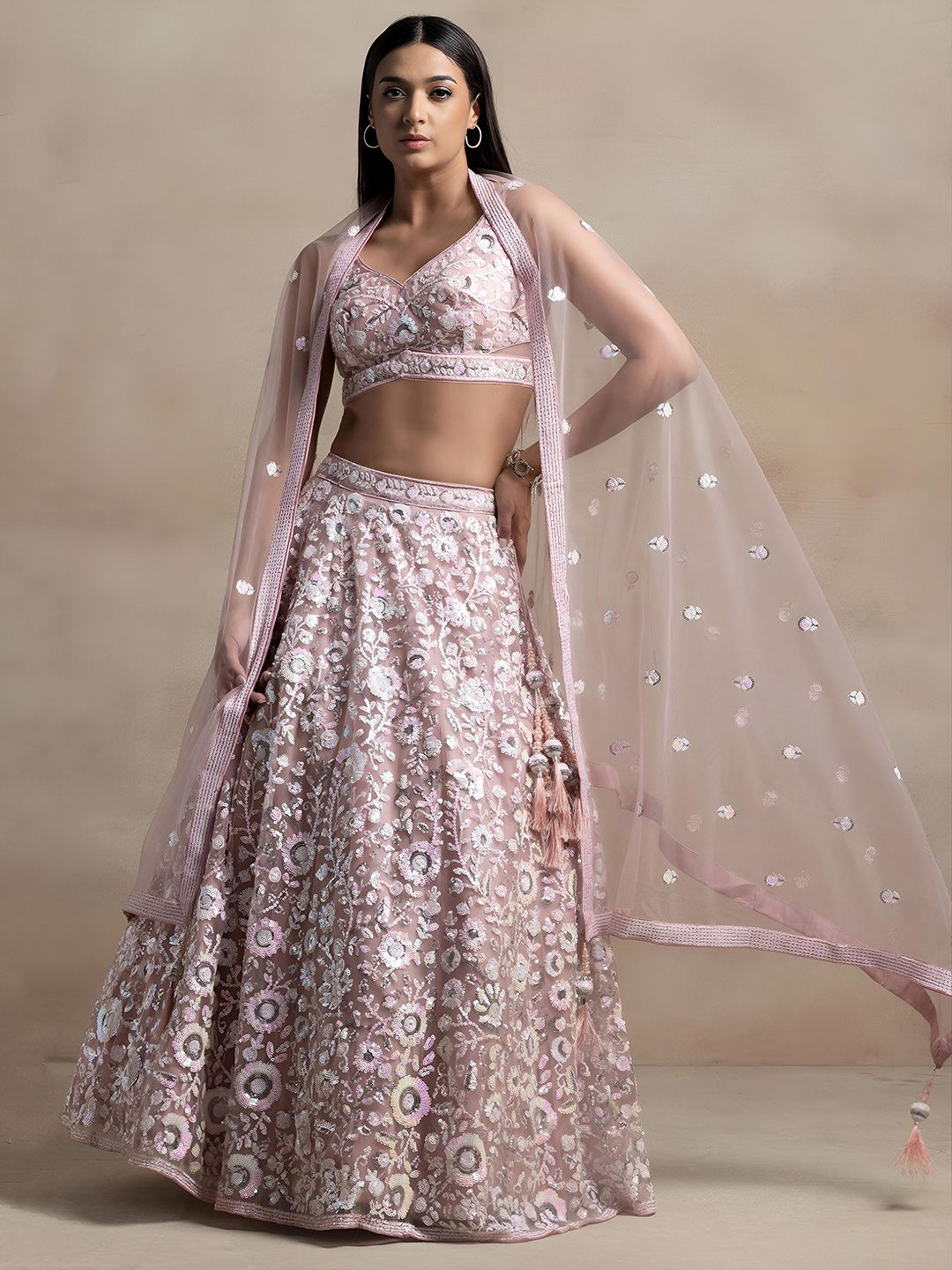 ETHNIC PLUS Pink Embroidered Sequin Net Semi-Stitched Lehenga & Unstitched Blouse With Dupatta