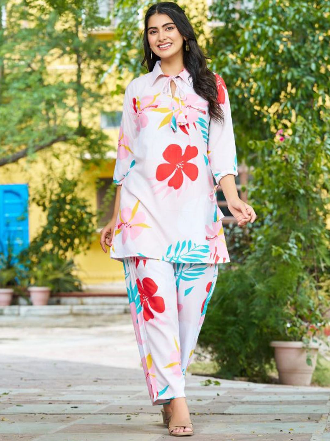 Buy GRISHU COLLECTION Printed Pure Cotton Shirt Collar Tunic With Trousers -  - Apparel for Women