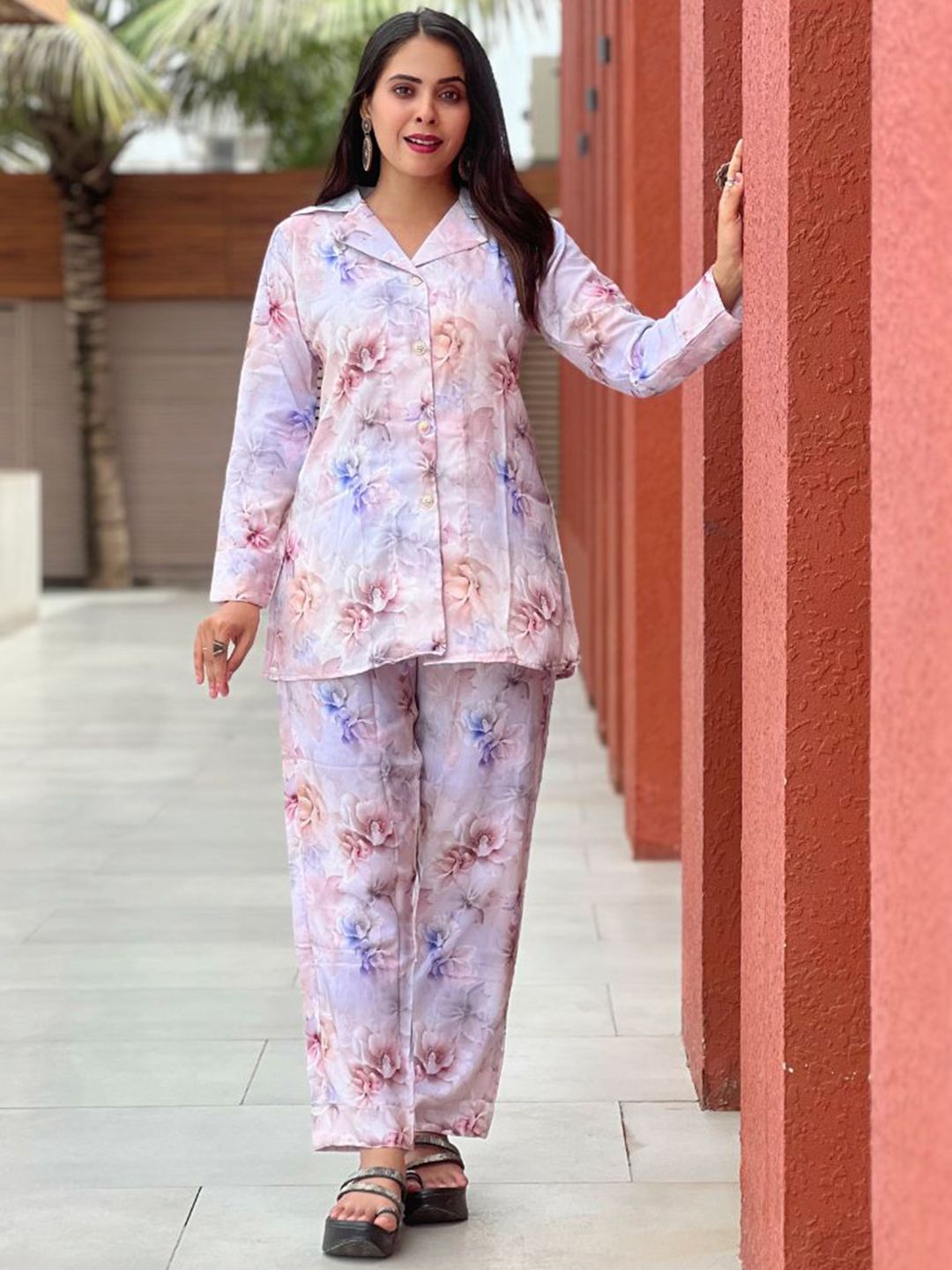 GRISHU COLLECTION Printed Pure Cotton Lapel Collar Shirt With Trousers