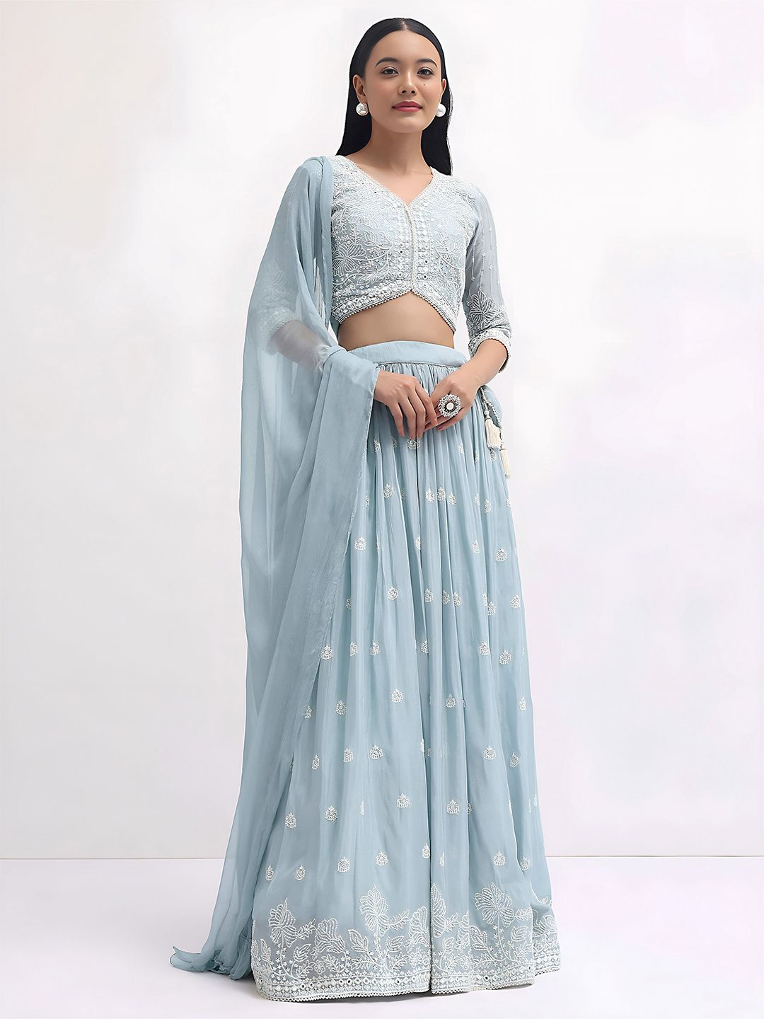 ETHNIC PLUS Blue Embroidered Sequinned Georgette Semi-Stitched Lehenga & Blouse With Dupatta