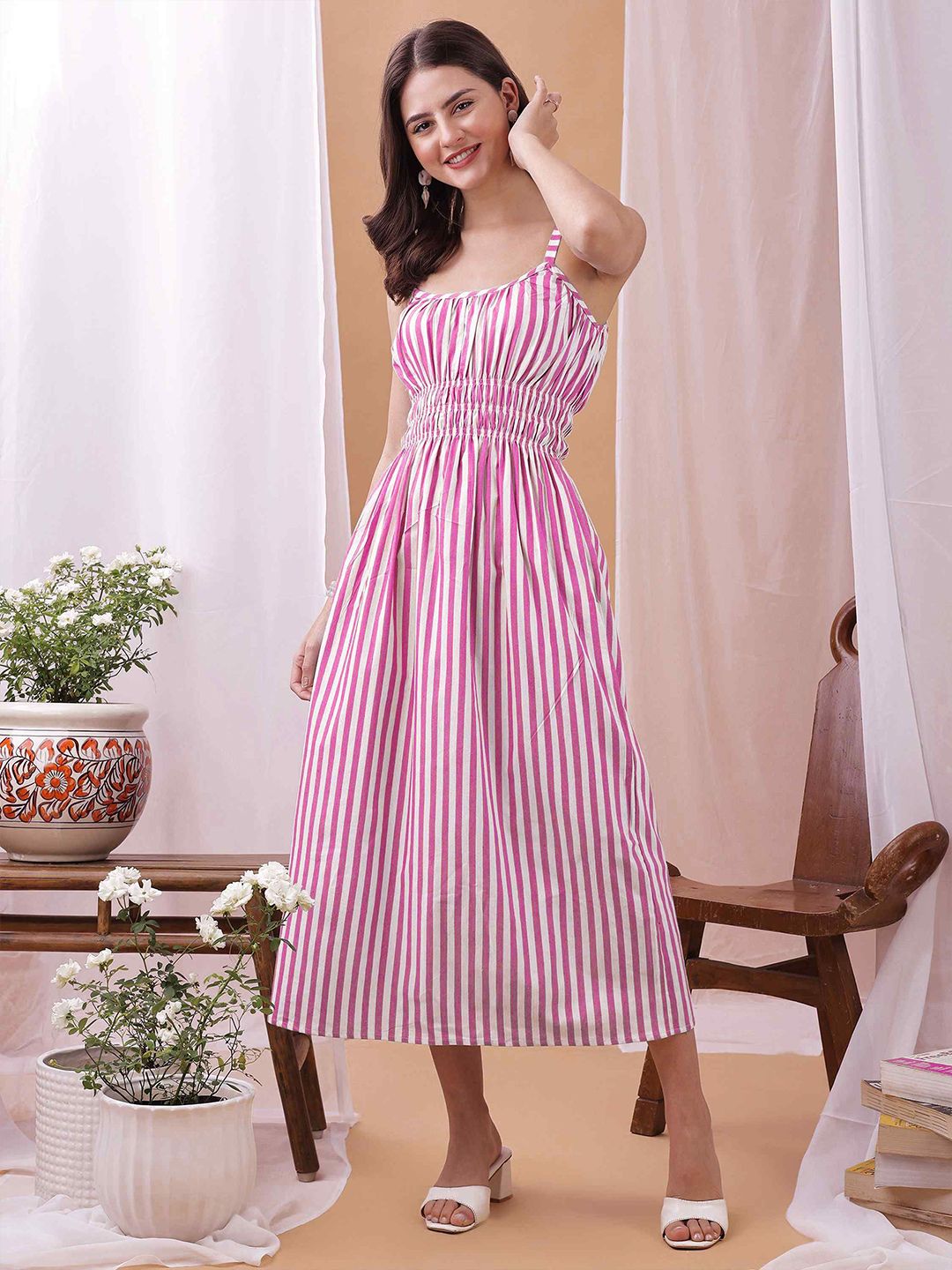 YANAMORA Women Striped Shoulder Straps Smoked A-Line Midi Dress