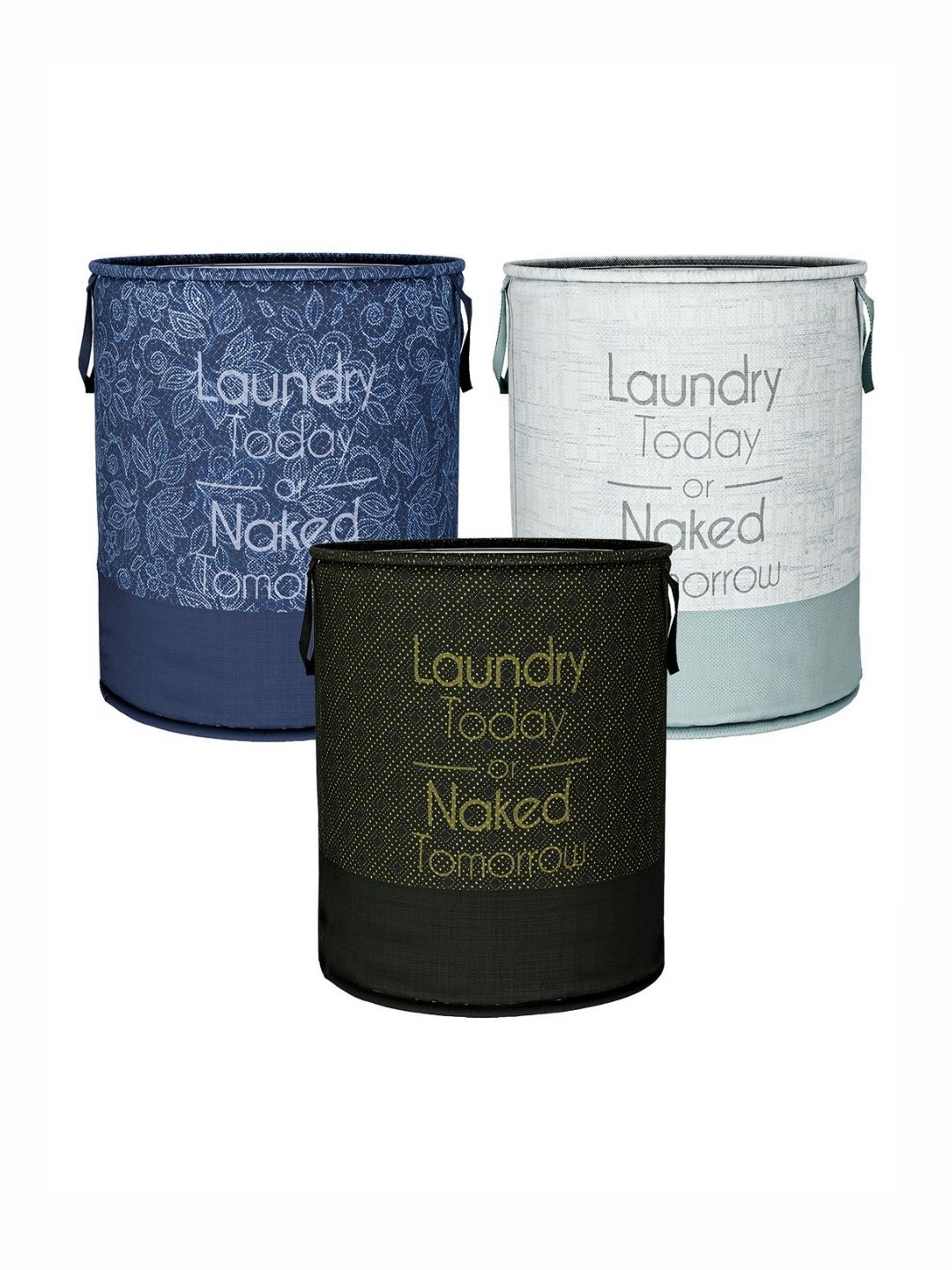 Aura Navy Blue & Black 3 Pieces Printed Non-Woven Foldable Laundry Bags With Handle - 45L
