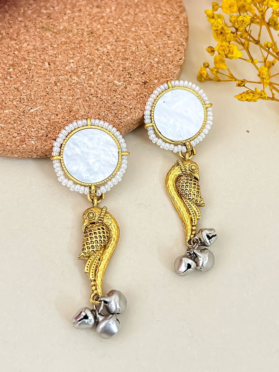 Zeviel Silver-Plated Ghungroo & Artificial Beaded Circular Shaped Drop Earrings