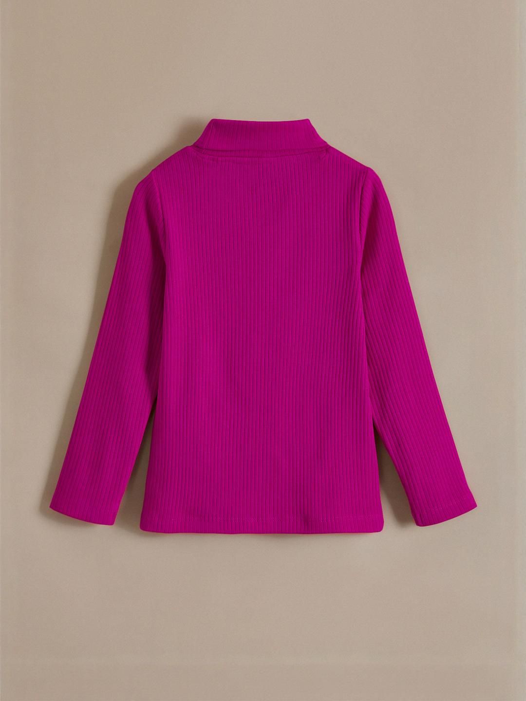 Girls Maroon Ribbed Solid Full Sleeve Turtle Neck T-shirt 2