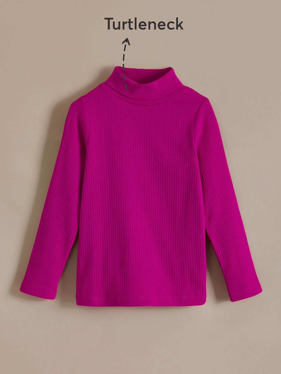 Girls Maroon Ribbed Solid Full Sleeve Turtle Neck T-shirt