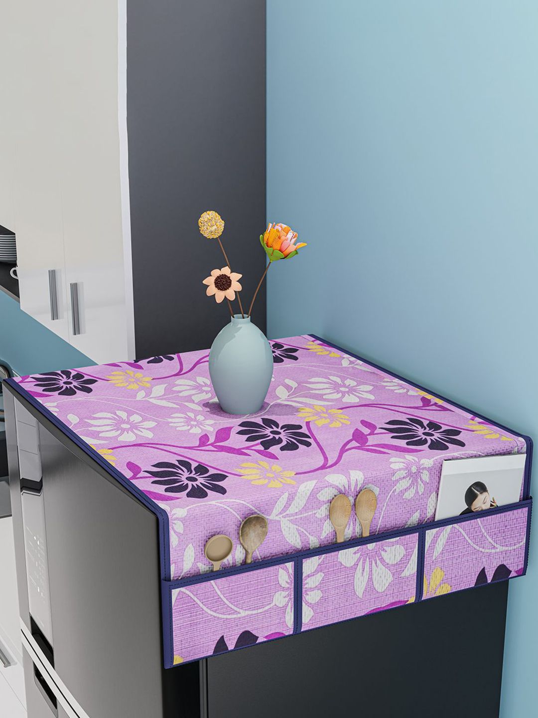 Kuber Industries Purple & White Printed 6 Utility Pockets Waterproof Refrigerator Cover