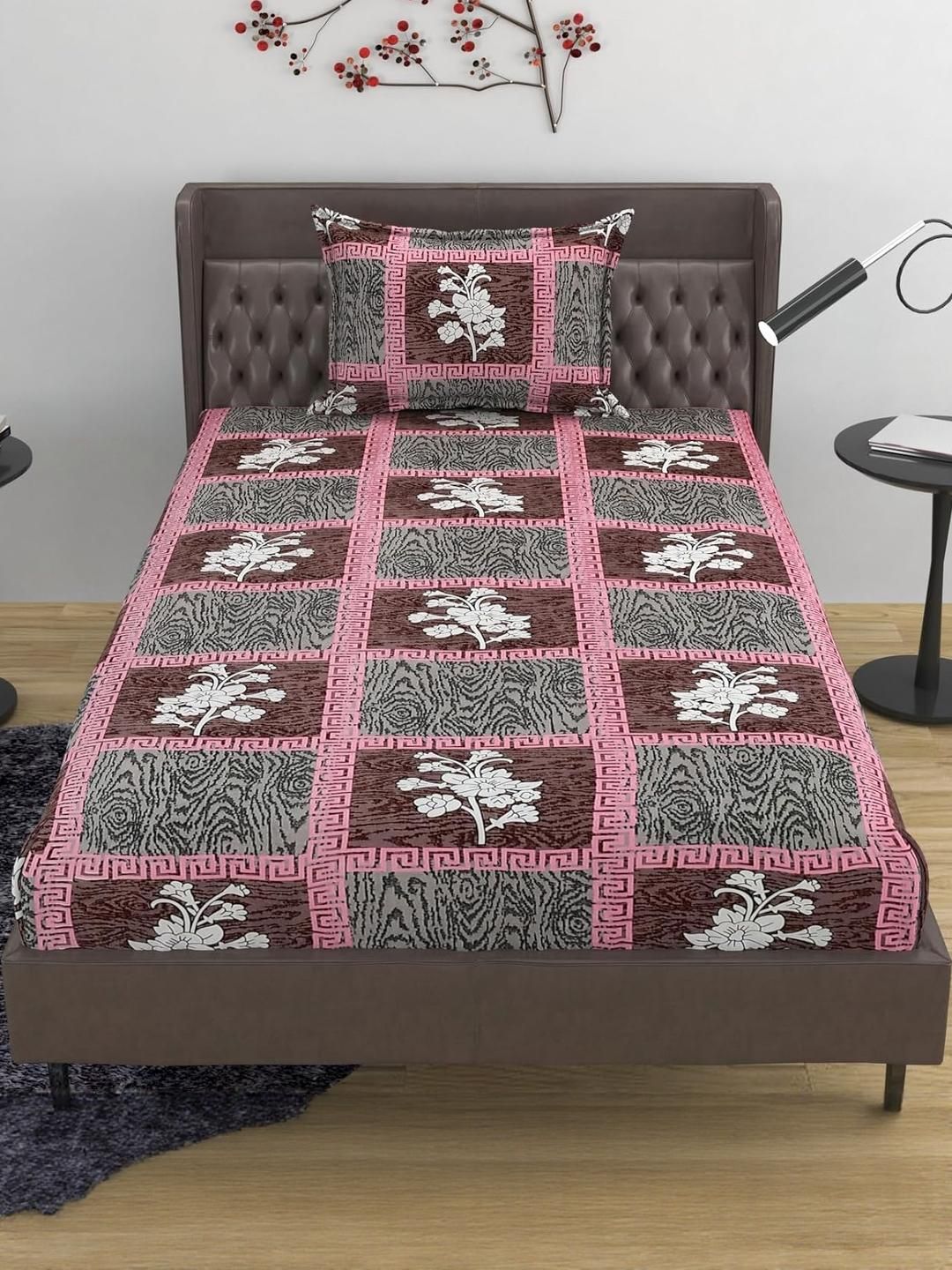 Lunar Days Multicoloured Floral 160 TC Single Bedsheet with 1 Pillow Covers