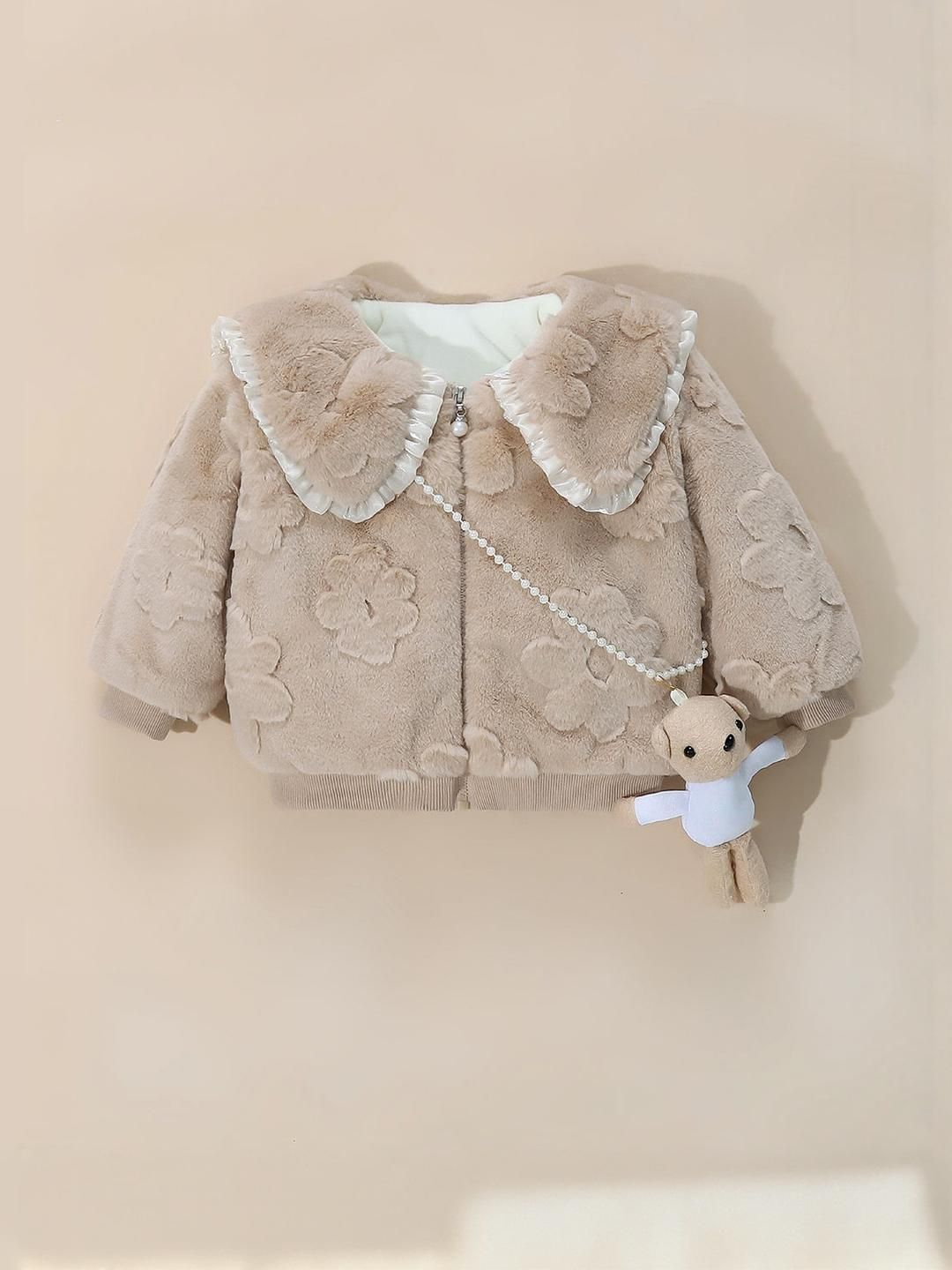 Hopscotch Kids Khaki Textured Fuzzy Jacket with Teddy Charm