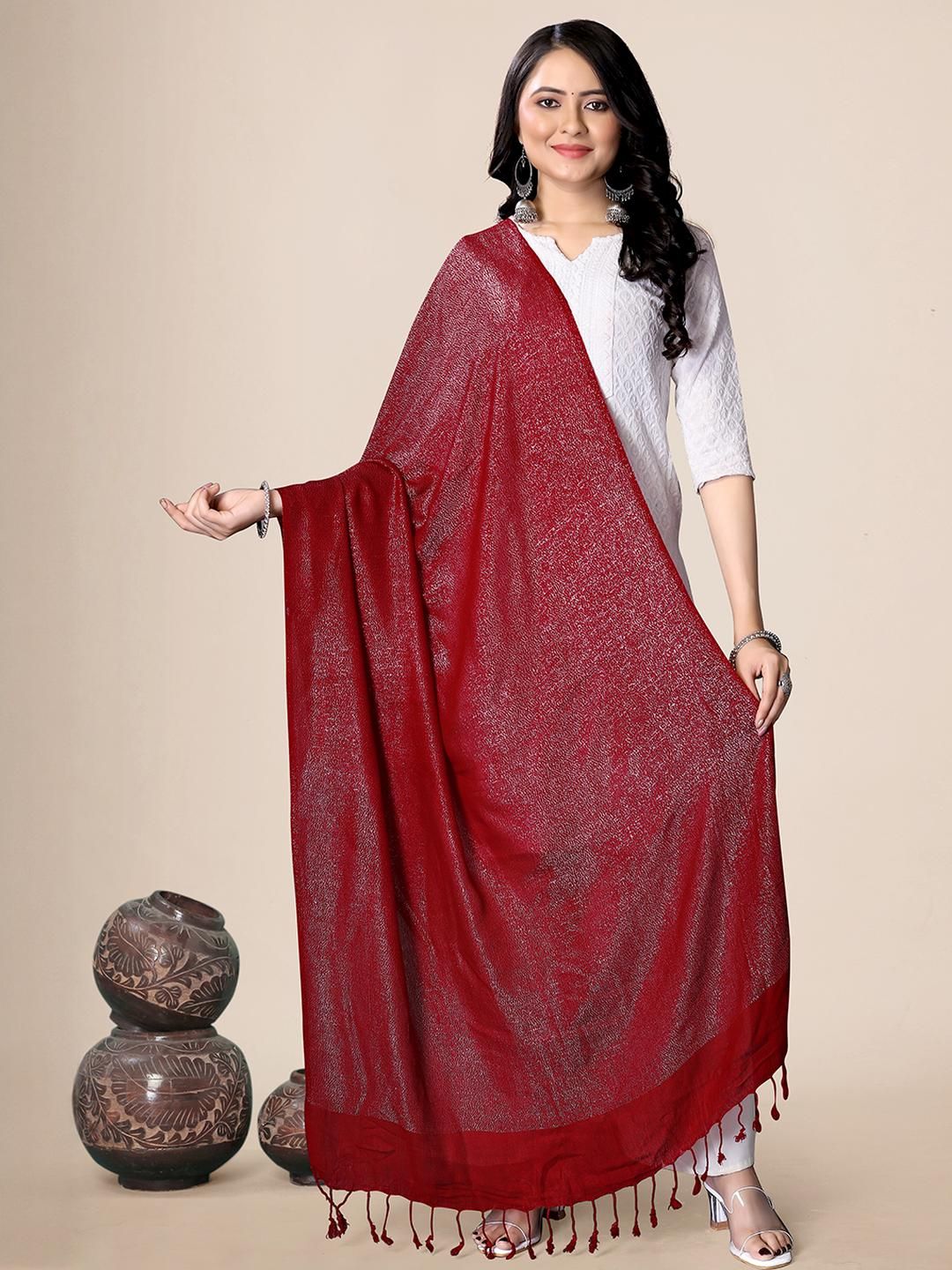 EBADAT Women Maroon Solid Viscose Rayon Dupatta with Tassels