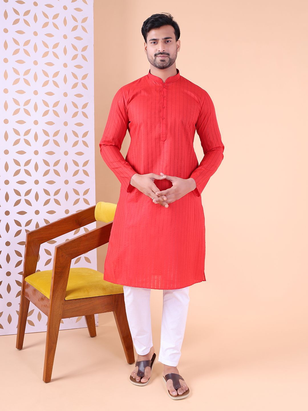 AURIK Mandarin Collar Pure Cotton Straight Kurta