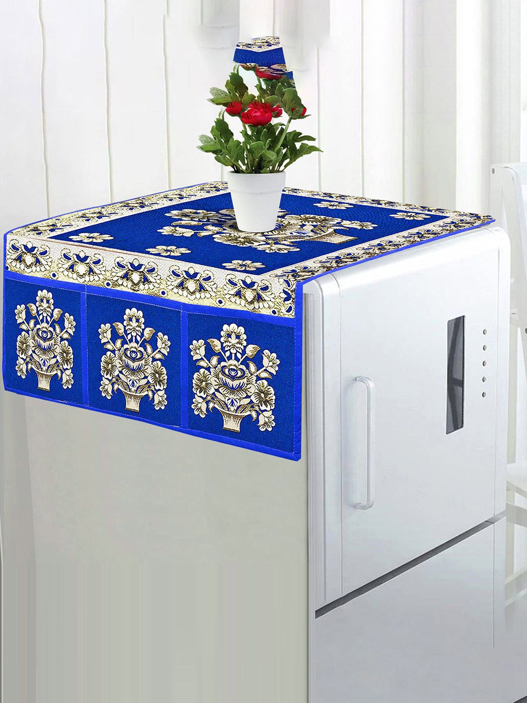 Kuber Industries White & Blue Flower Pot Printed Fridge Top Cover