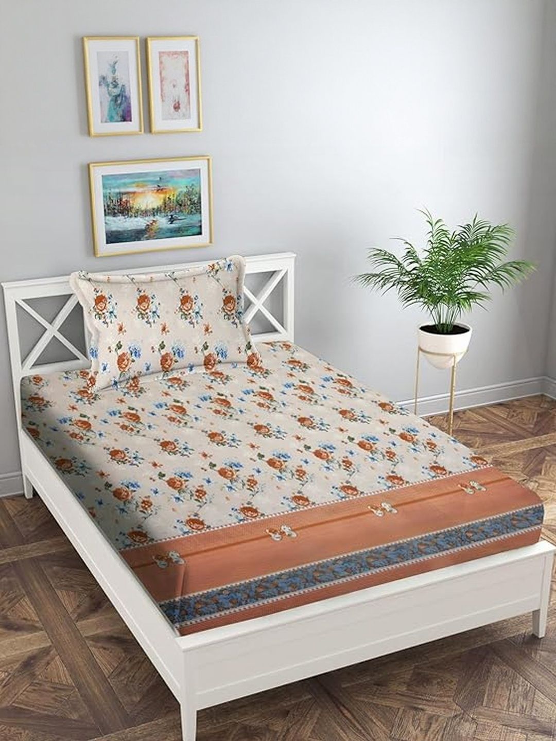 Lunar Days Beige Floral 160 TC Single Bedsheet with 1 Pillow Covers