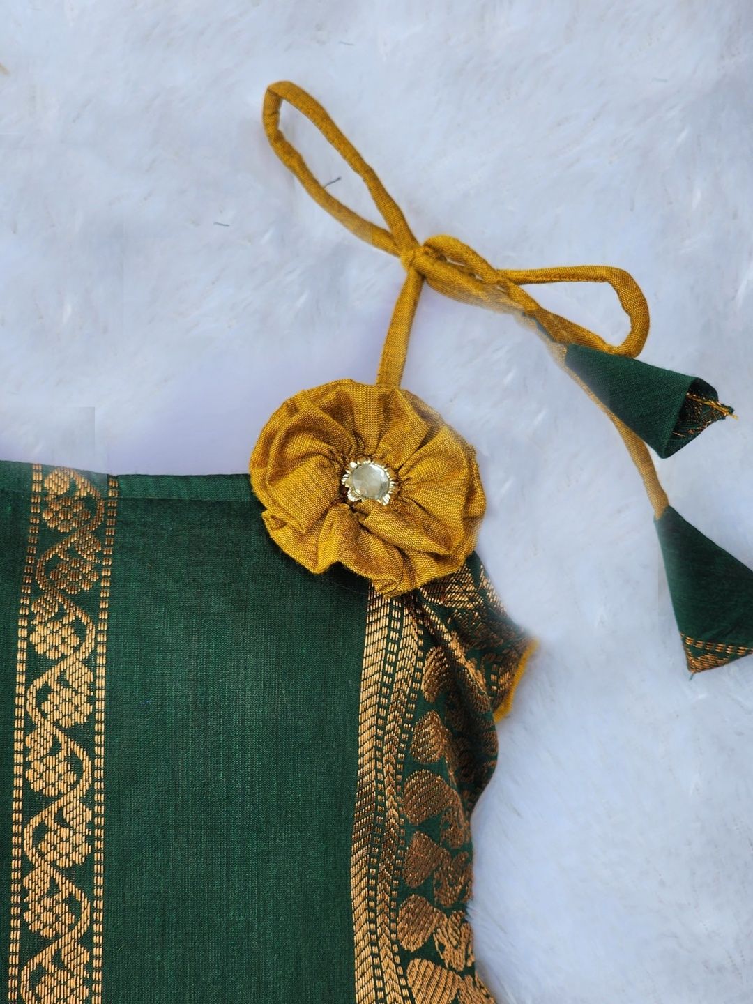 Girls Yellow & Green Traditional Kalyani Cotton Flower Knot Frock 4