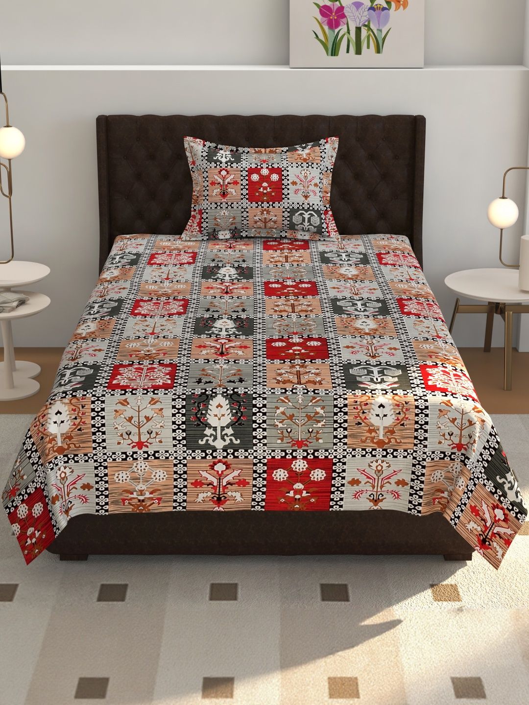 Lunar Days Red Ethnic Motifs 160 TC Single Bedsheet with 1 Pillow Covers