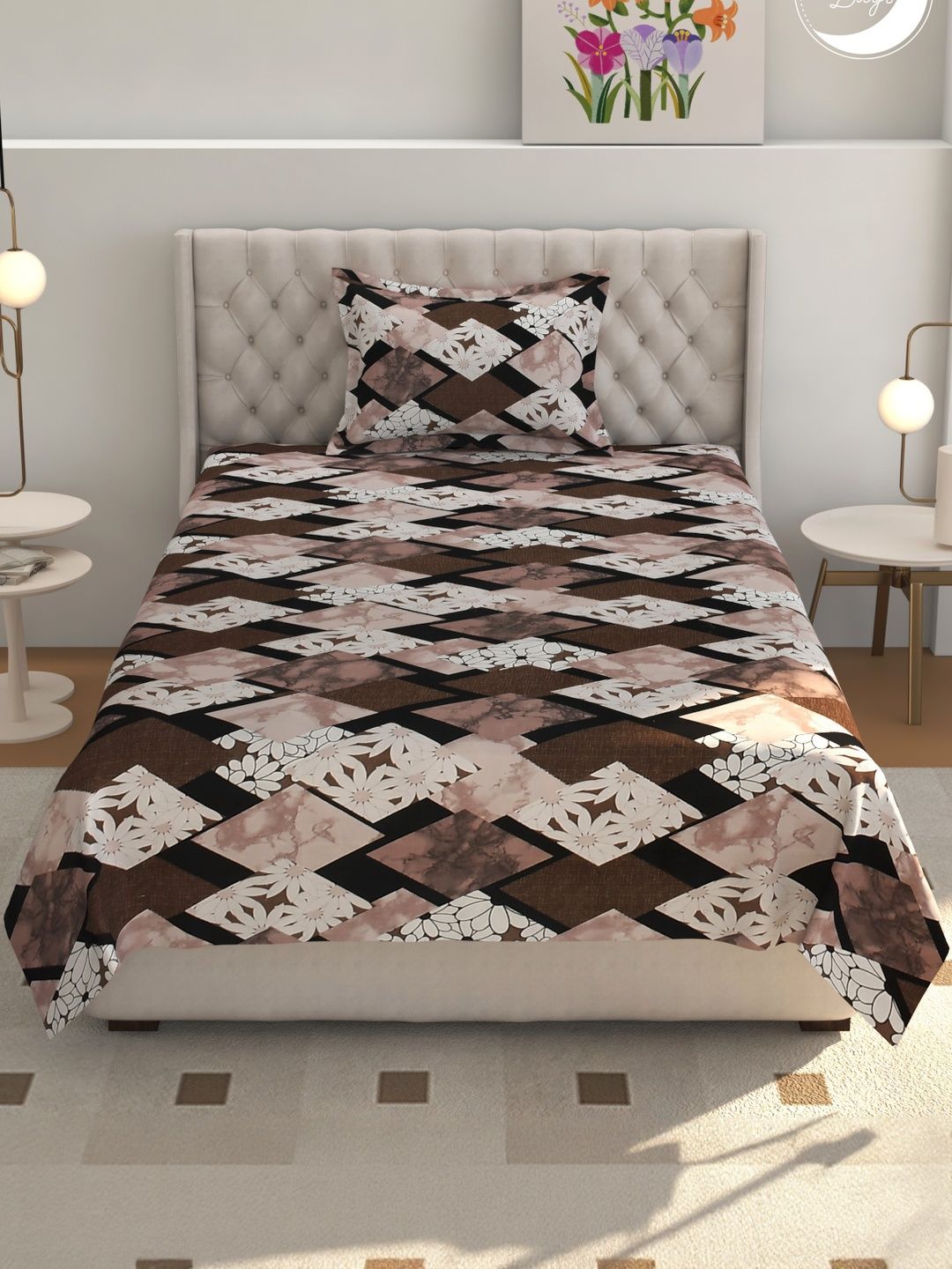 Lunar Days Brown & Black Floral Printed 160 TC Microfiber Single Bedsheet & 1 Pillow Cover