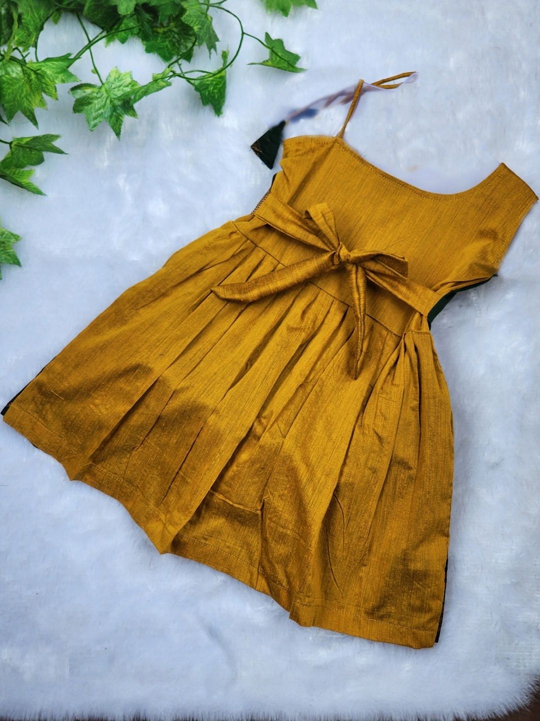 Girls Yellow & Green Traditional Kalyani Cotton Flower Knot Frock 2
