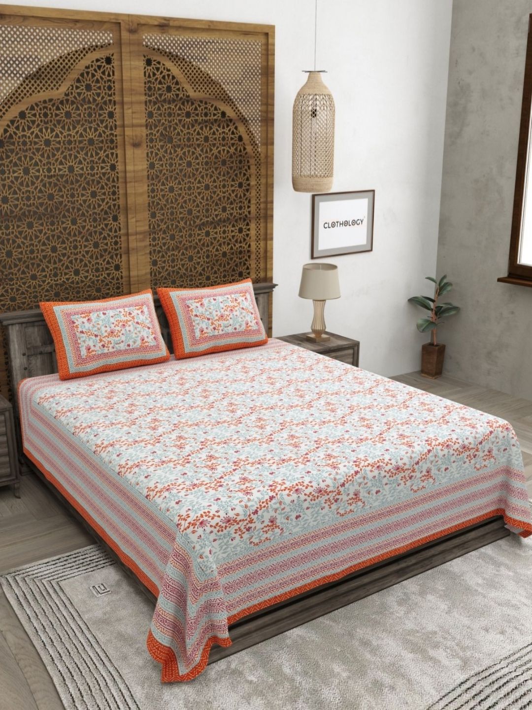 Buy CLOTHOLOGY Sunset Orange & Slate Motif The Heritage Bagh 180 TC Cotton King Bedsheet With 2 Pillow Cover -  - Home for Unisex