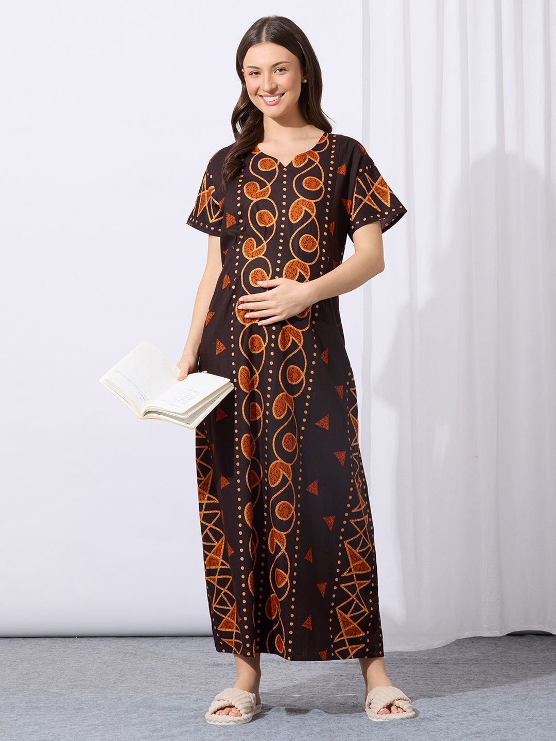 MomToBe Women Printed Maternity Maxi Cotton Nightdress