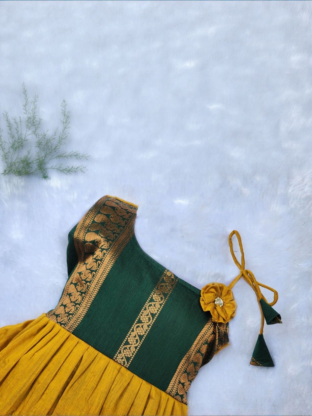 Girls Yellow & Green Traditional Kalyani Cotton Flower Knot Frock 3