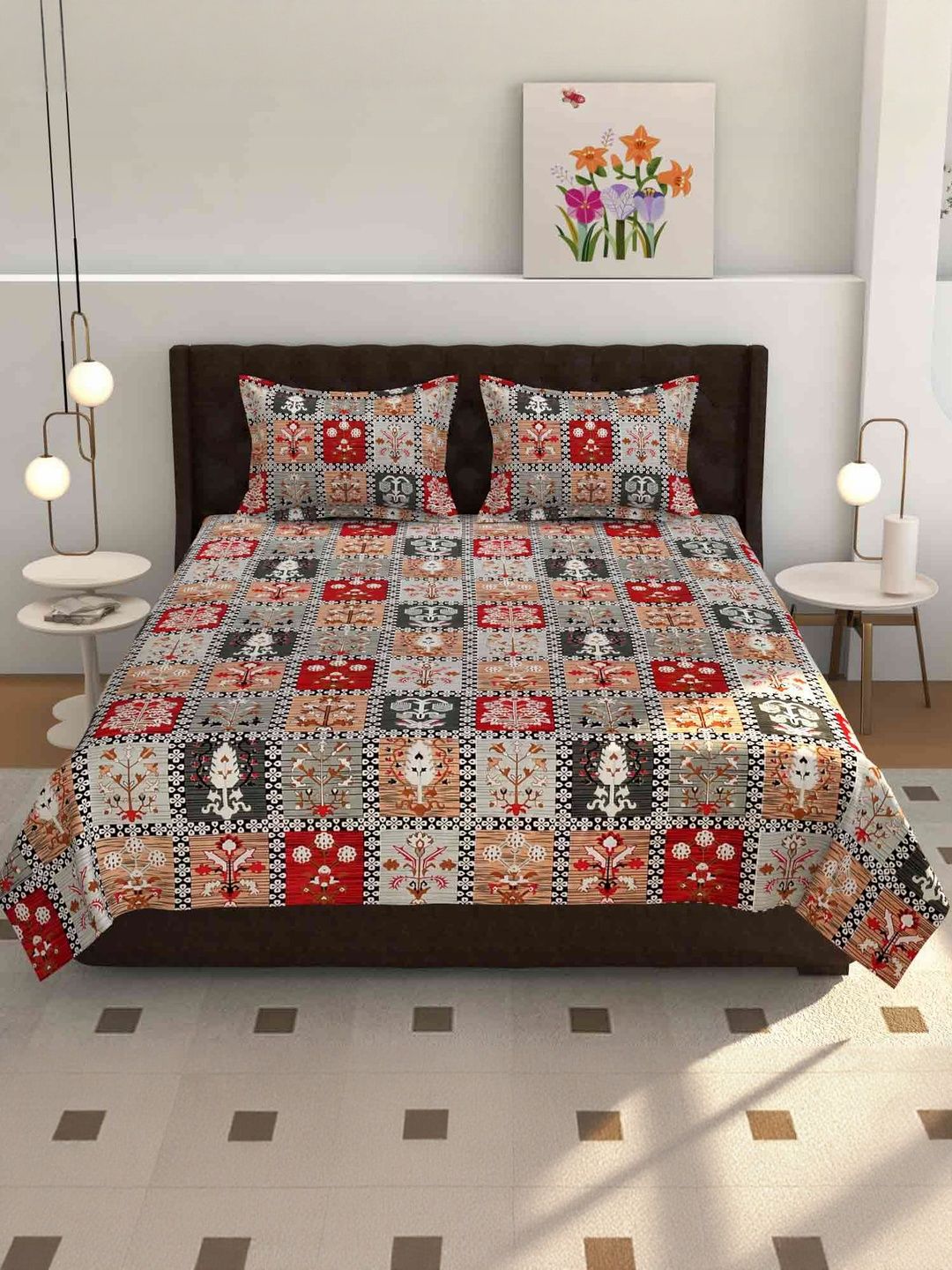 Lunar Days Red Floral 160 TC King Bedsheet With 2 Pillow Covers