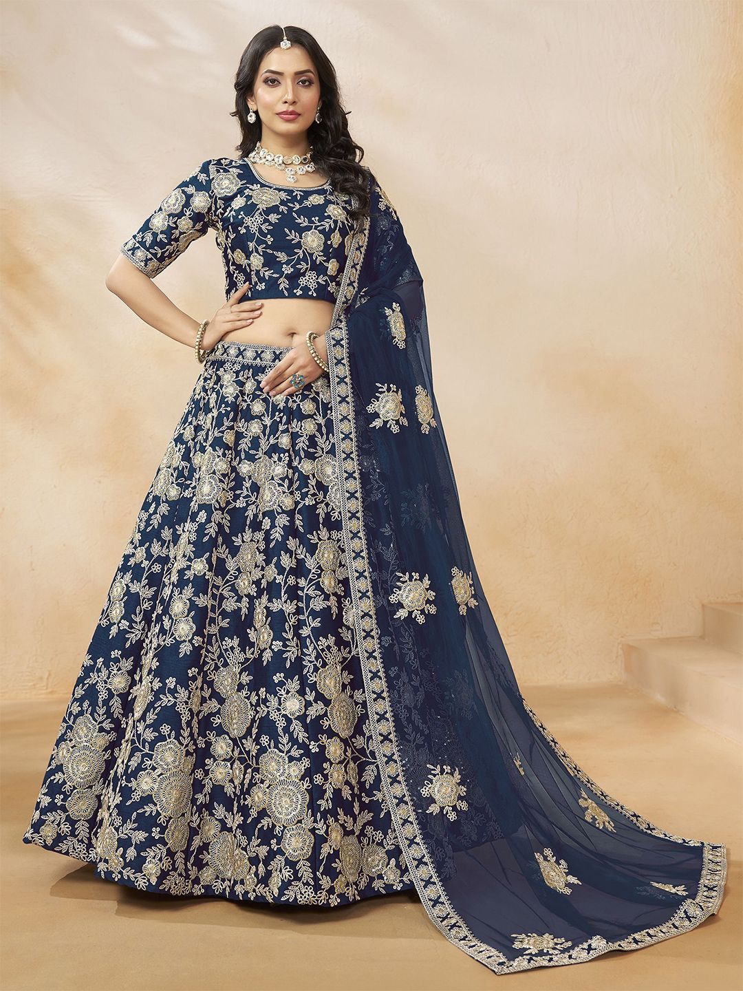 ETHNIC PLUS Sequinned Embroidered Silk Lehenga Choli With Dupatta