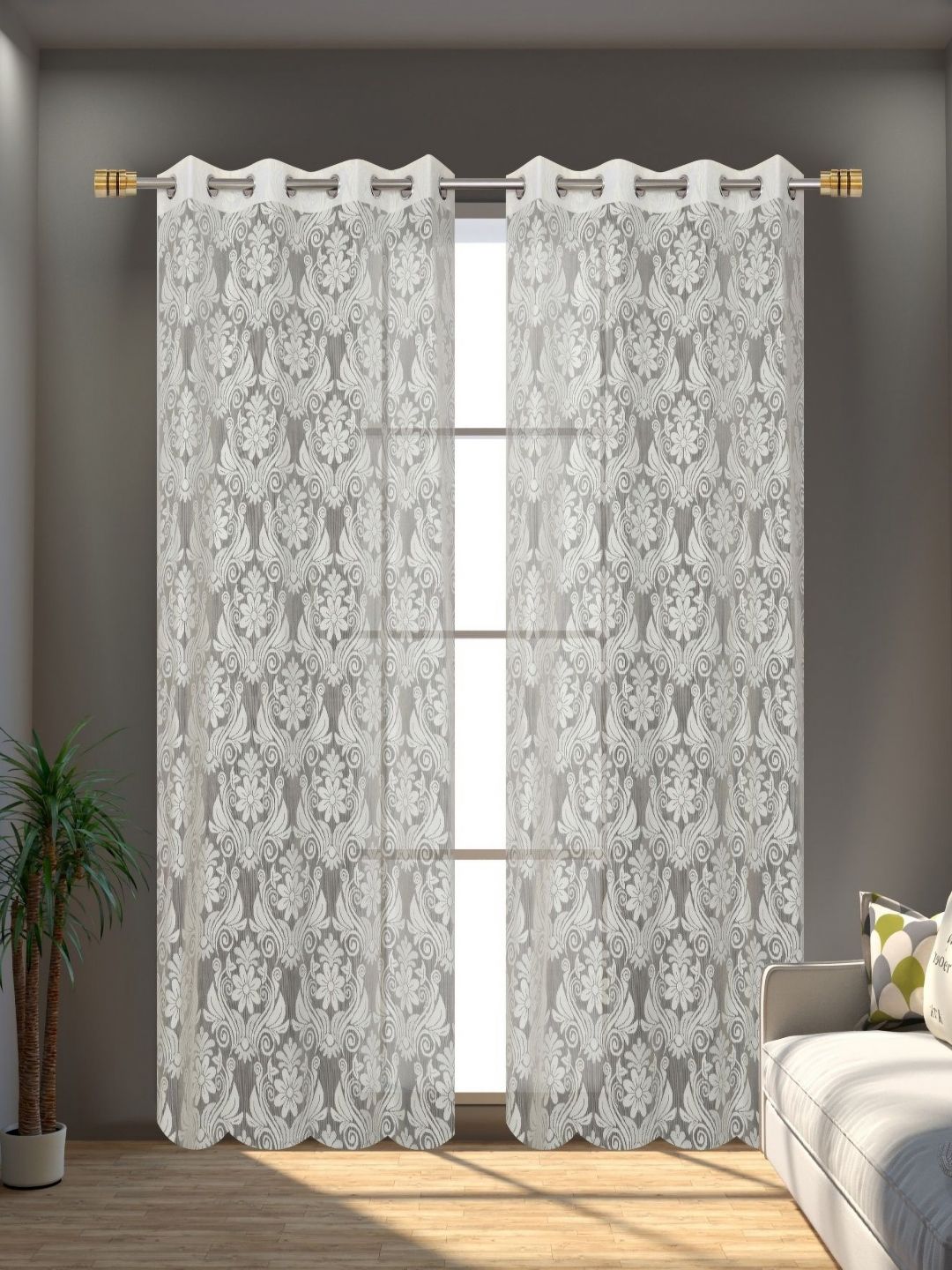 Aura Cream-Coloured 2 Pieces Self Design Sheer Long Door Curtains