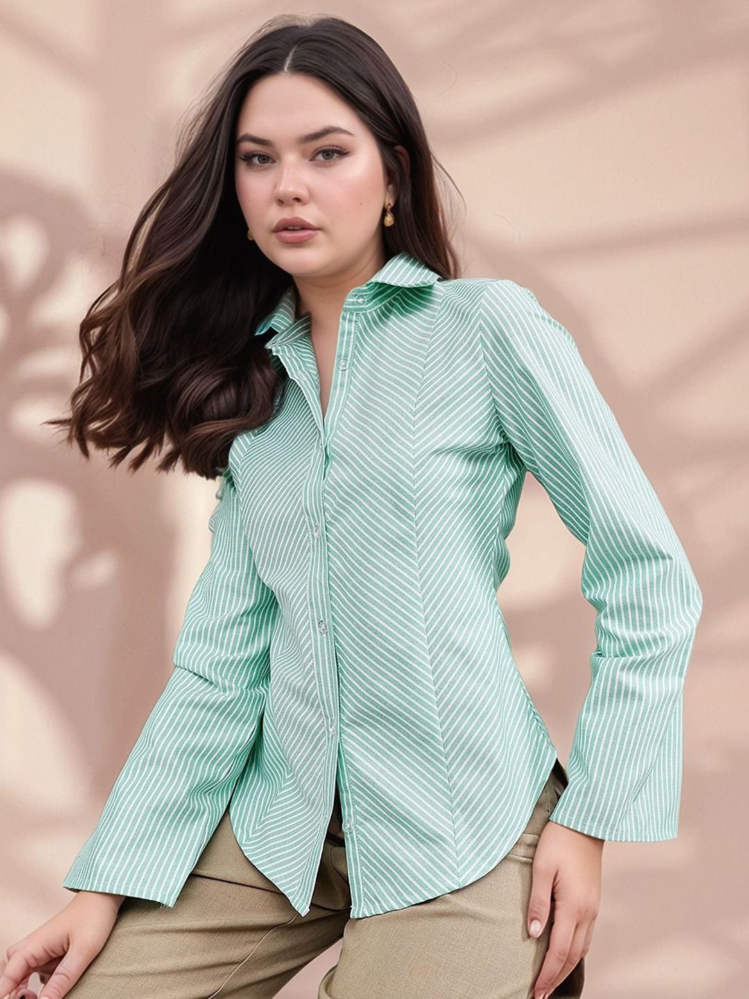 Molly & Michel Women Comfort Slim Fit Vertical Striped Spread Collar Cotton Casual Shirt