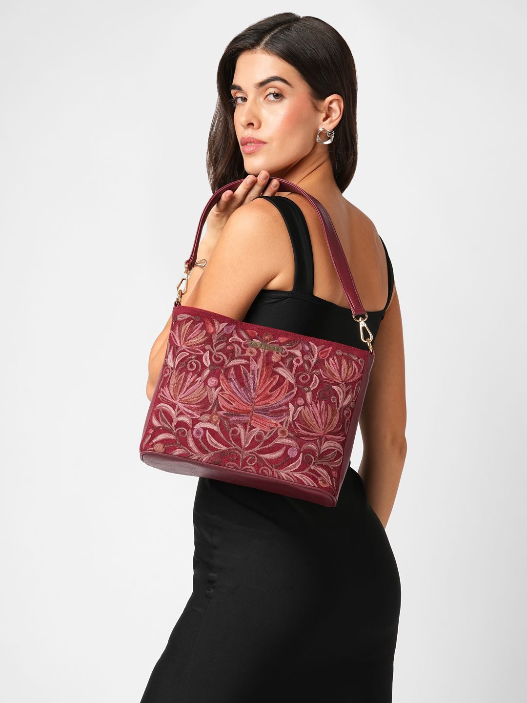 Caprese Siji Floral Embroidered Synthetic Leather Medium Cherry Red Shoulder Bag