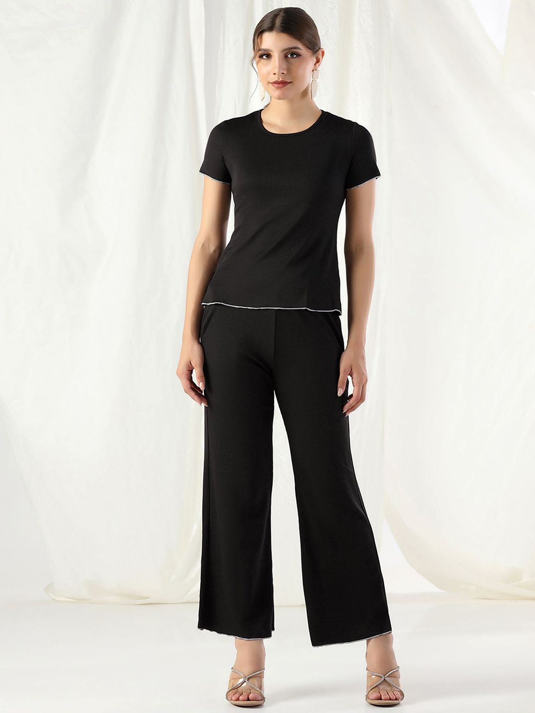 Selvia Edge Women Solid Round Neck T-Shirt and Trousers Co-Ords