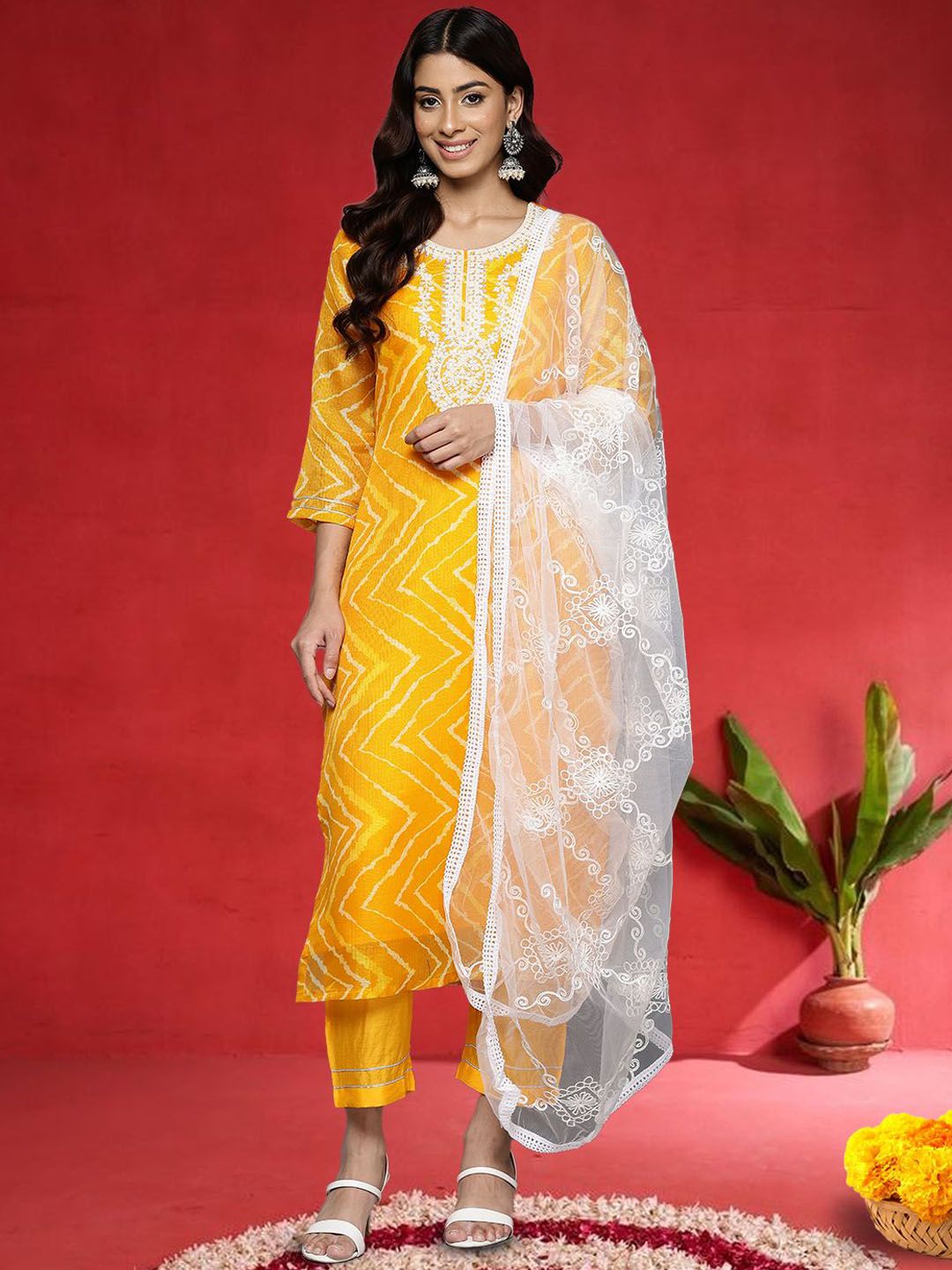 Varanga Floral Embroidered Thread Work Straight Kurta With Palazzos & Dupatta
