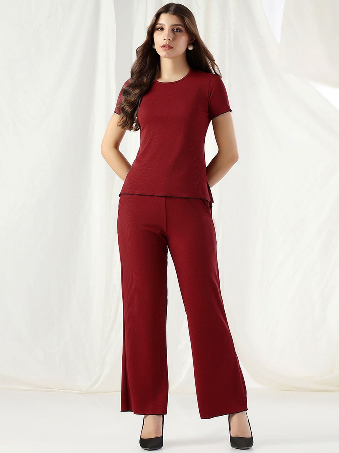 Selvia Edge Women Solid Round Neck Top and Trousers Co-Ords