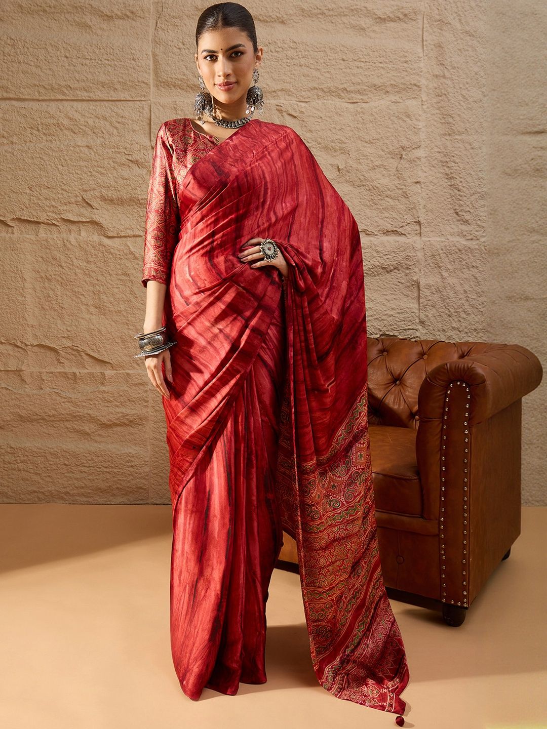 Sangria Ethnic Block Printed Crepe Saree