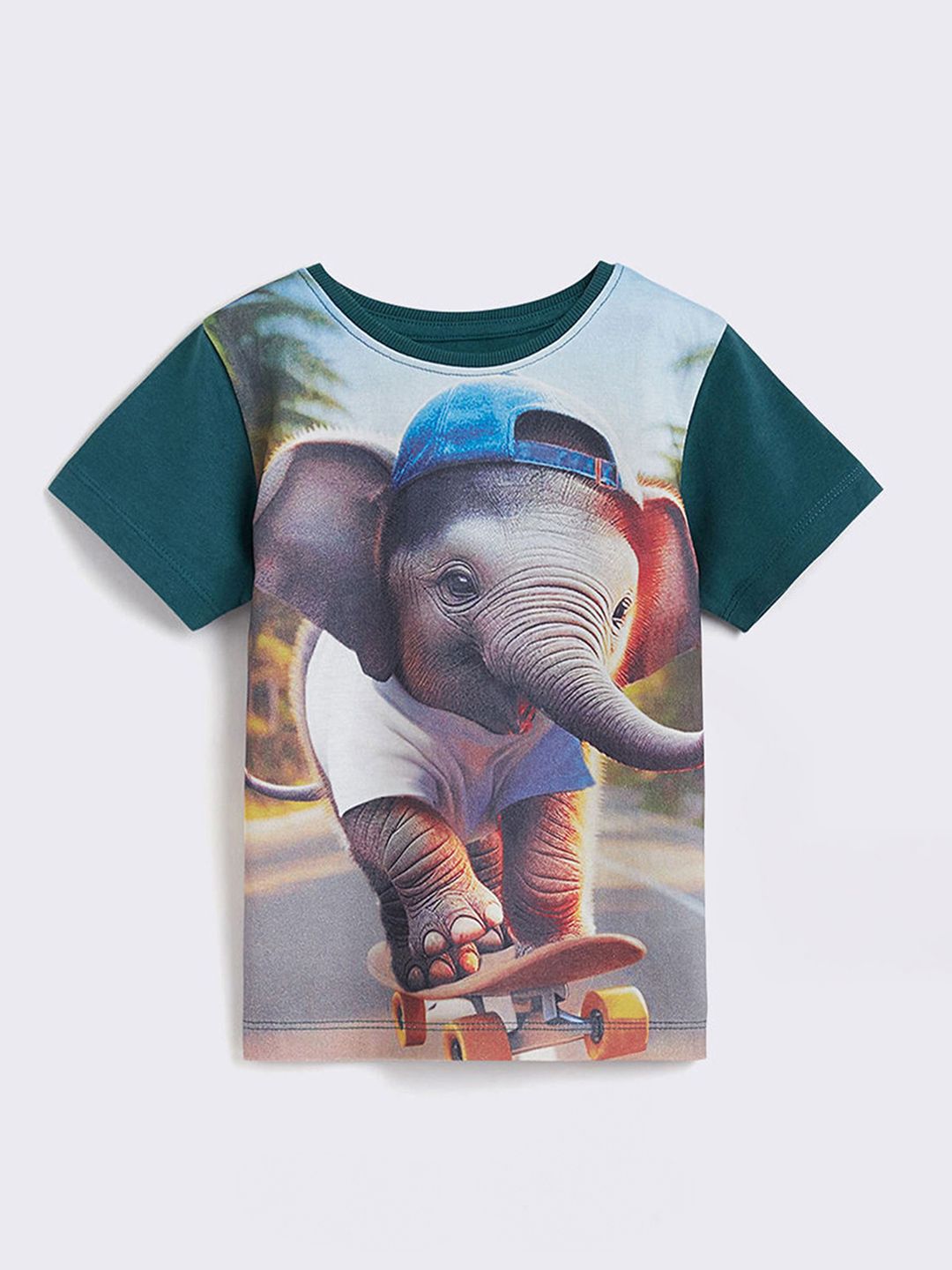 Hopscotch Pure Cotton Elephant Graphic Round Neck Short Sleeves T-shirt